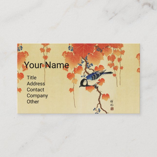 Blue Tit Bird,Paulownia Branch,Red Autumn Leaves  Business Card (Front)
