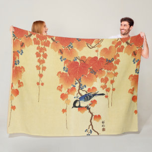 Blue Tit Bird,Paulownia Branch,Red Autumn Leaves Fleece Blanket