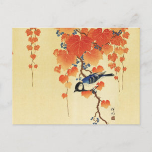 Blue Tit Bird,Paulownia Branch,Red Autumn Leaves Holiday Postcard