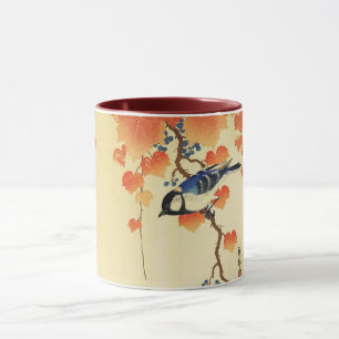 Blue Tit Bird,Paulownia Branch,Red Autumn Leaves  Mug