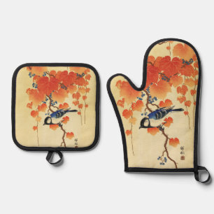 Blue Tit Bird,Paulownia Branch,Red Autumn Leaves Oven Mitt & Pot Holder Set