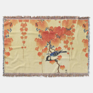 Blue Tit Bird,Paulownia Branch,Red Autumn Leaves Throw Blanket
