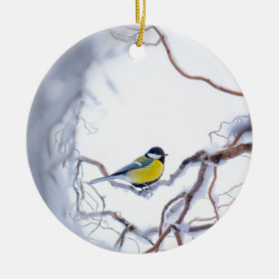 Blue Tit Bird Perched Branches Snow Frost Nature Ceramic Ornament