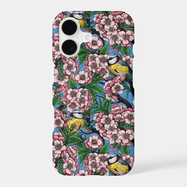 Blue tit birds in the blooming cherry tree on blue (Back)