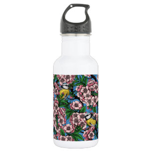 Blue tit birds in the blooming cherry tree on blue 532 ml water bottle