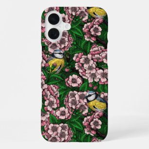 Blue tit birds in the blooming cherry tree on gree iPhone 16 plus case