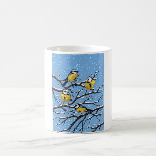 Blue tit birds in winter coffee mug (Center)