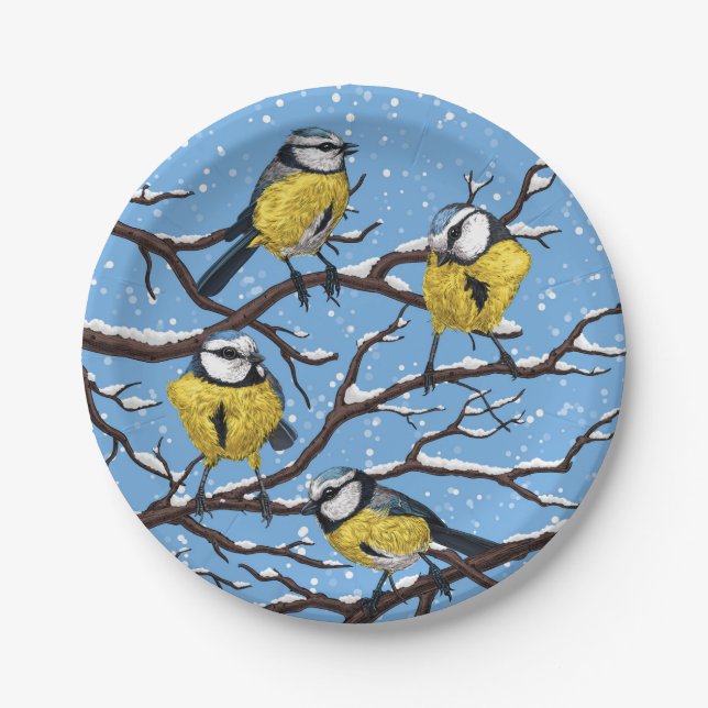 Blue tit birds in winter paper plate (Front)