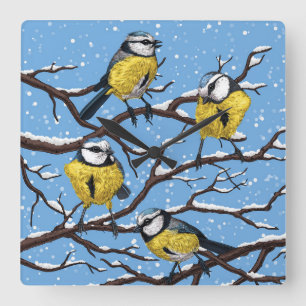 Blue tit birds in winter square wall clock