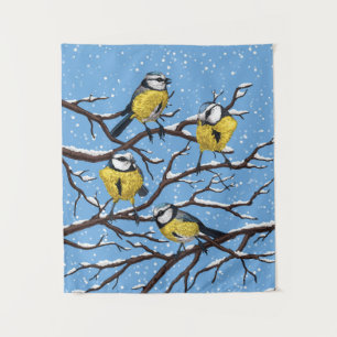 Blue tit birds in winter tapestry