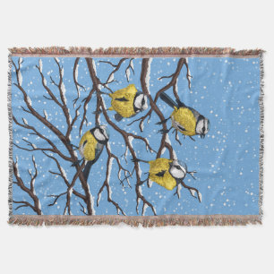 Blue tit birds in winter throw blanket
