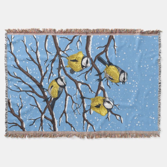 Blue tit birds in winter throw blanket (Front)
