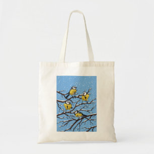 Blue tit birds in winter tote bag