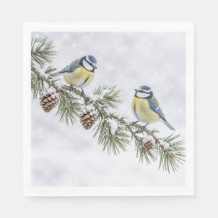 Blue Tit Birds on Pine Branch Winter Lunch Napkins