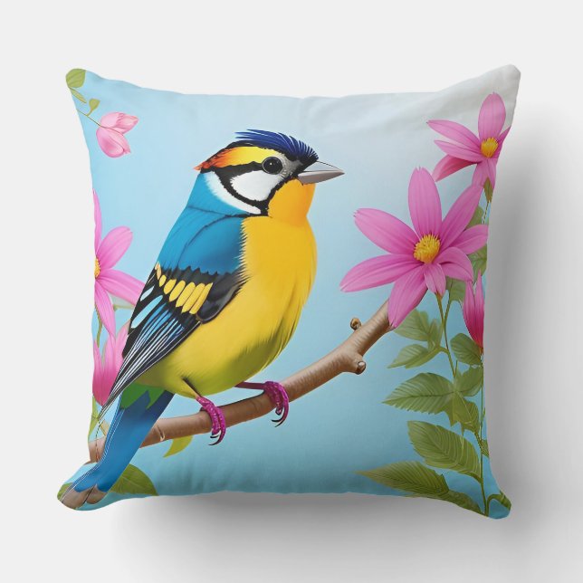 🐦 Blue Tit Botanical Artwork For Spring Spaces 🌼 Cushion (Front)