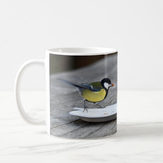 Blue Tit Feeding of a Cake Plate Coffee Mug (Left)