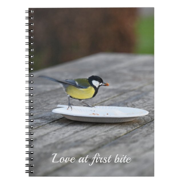 Blue Tit Feeding on Cake Plate Love at First Bite Notebook (Front)