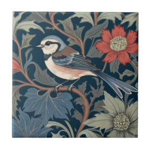 Blue Tit William Morris style Left facing Bird Ceramic Tile