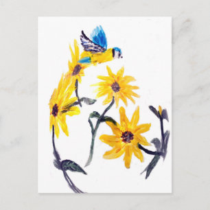 Blue Tit, Yellow Sunflowers Nature Art Postcard