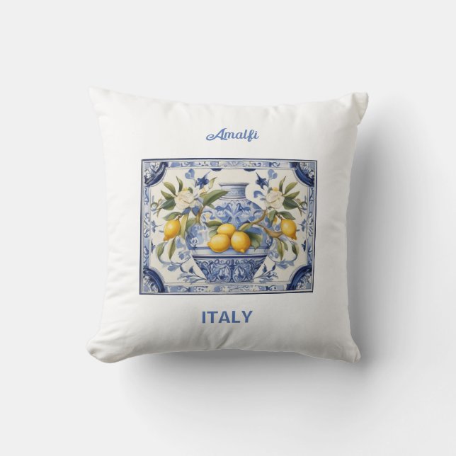 Blue titles and lemons from Amalfi Italy Cushion (Front)