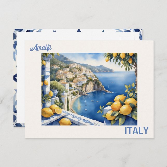 Blue titles and lemons view from Amalfi Italy Postcard (Front/Back)