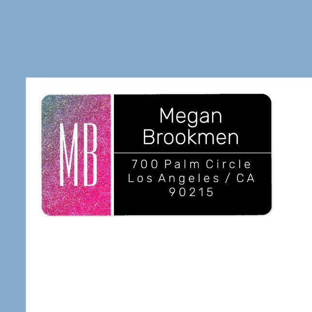 Blue To Pink Glitter/B&W/DIY Name Address Monogram Label (Creator Uploaded)