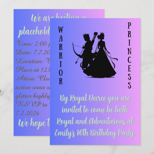 Blue to Pink Warrior Princess Birthday Invitation (Front/Back)