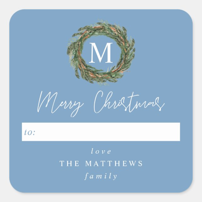 Blue To Wreath Monogram Merry Christmas Square Sticker (Front)