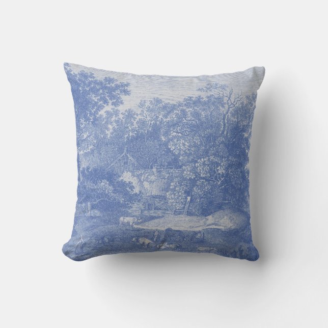 Blue Toil de Jouy French Country Shabby Elegance Cushion (Front)