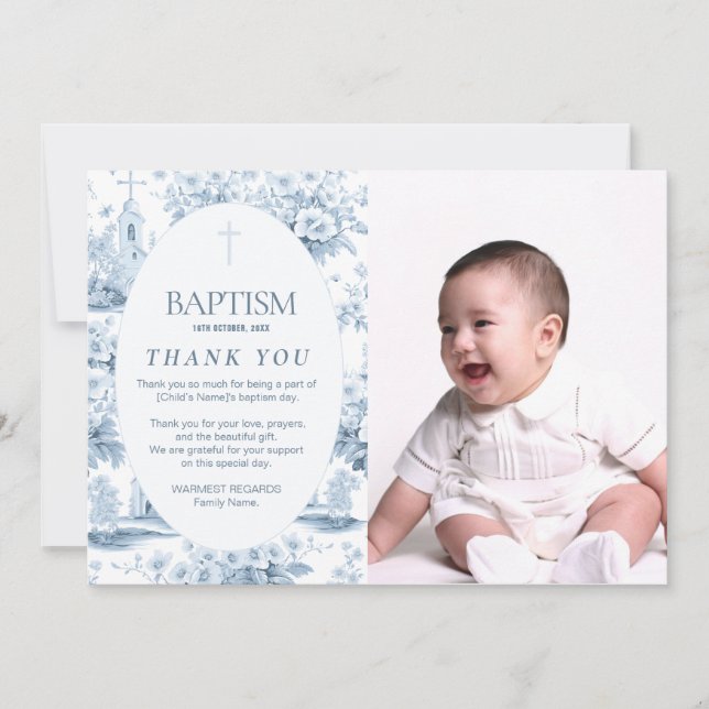 Blue Toile Baptism Thank You Card, Photo Design  Invitation (Front)