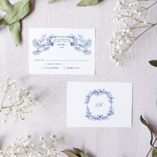 Blue Toile Birds Wedding RSVP Card