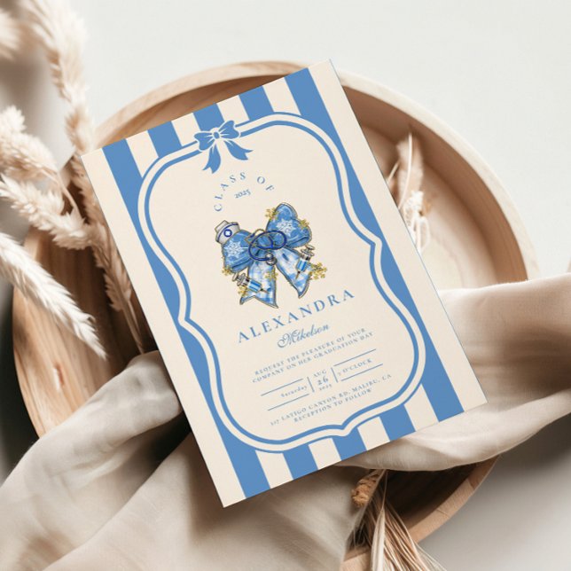 Blue Toile Bow Coquette Nursing School Gradu Invitation (Creator Uploaded)