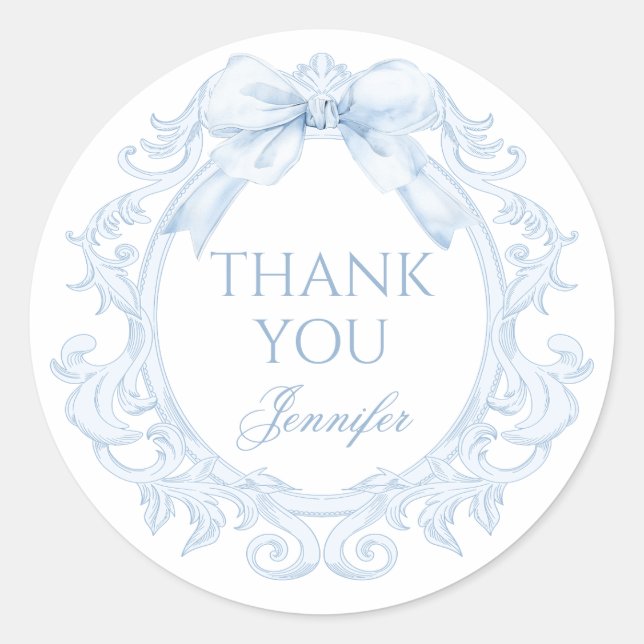 Blue Toile Bow Frame Baby Boy Shower Thank You Classic Round Sticker (Front)