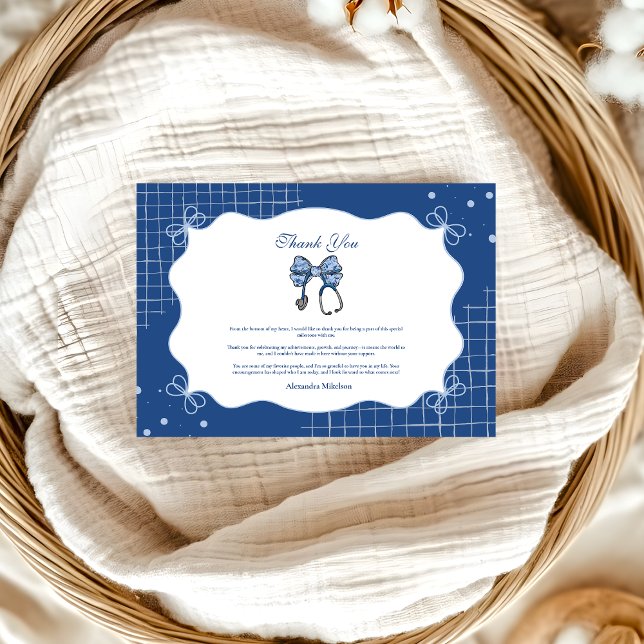 Blue Toile Bow Nurse School Grad Thank You Card (Creator Uploaded)