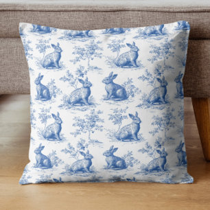 Blue Toile Bunny Vintage Rabbit Pattern Cushion