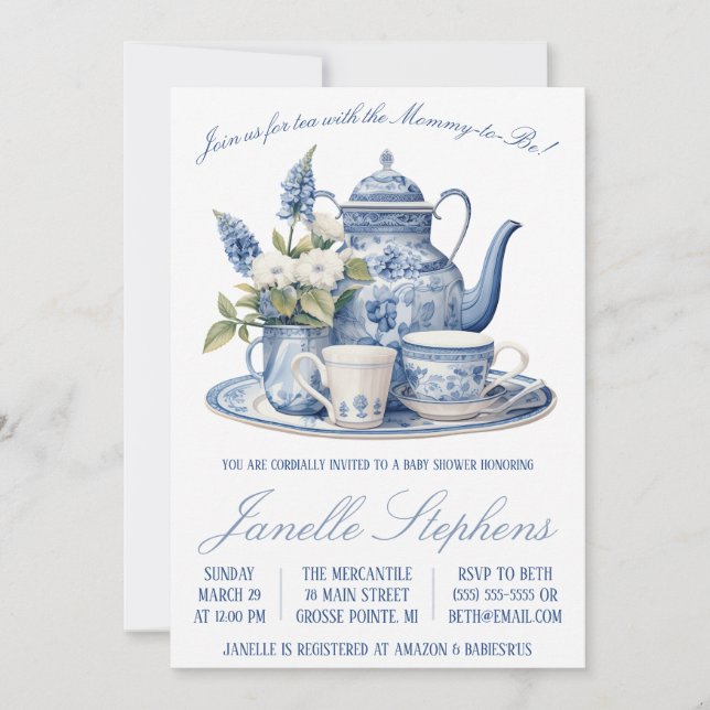 Blue Toile China, Victorian Tea Party Baby Shower Invitation (Front)