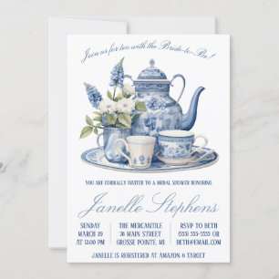 Blue Toile China Victorian Tea Party Bridal Shower Invitation