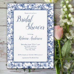 Blue Toile Chinoiserie Floral Bridal Shower Invitation