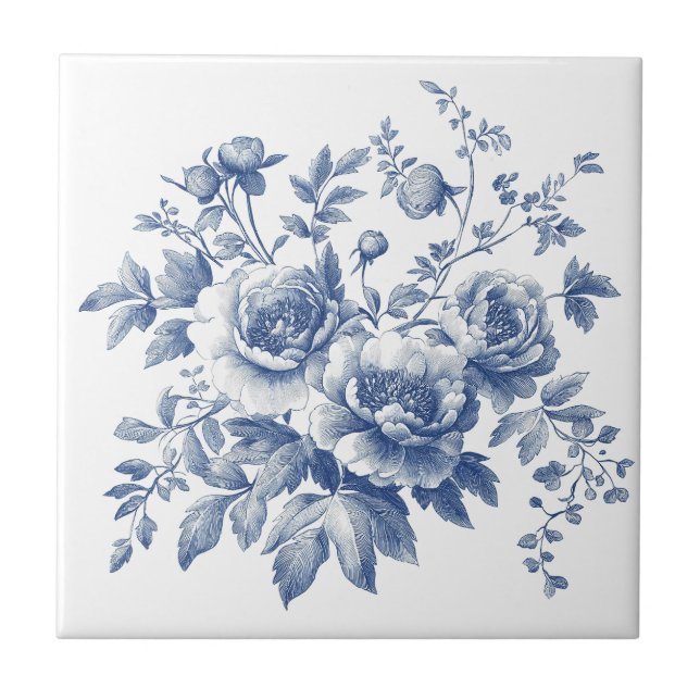 Blue Toile Chinoiserie Watercolor Florals Ceramic Tile (Front)