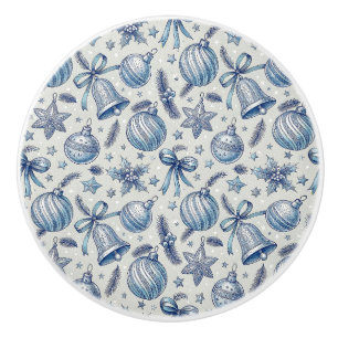 Blue Toile Christmas Ornaments, Bells & Ribbon Ceramic Knob