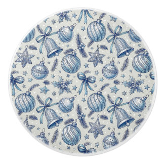 Blue Toile Christmas Ornaments, Bells & Ribbon Ceramic Knob