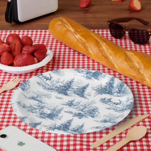 Blue Toile Christmas Pattern  Paper Plate (Picnic)