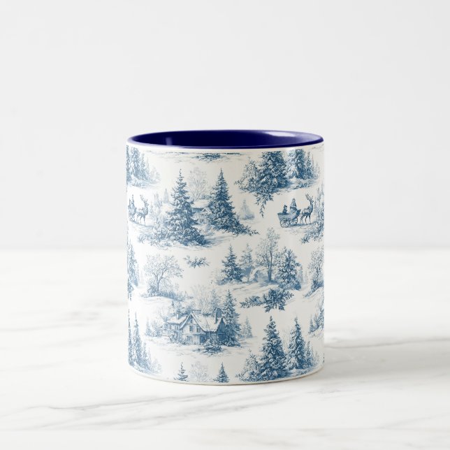 Blue Toile Christmas Pattern  Two-Tone Coffee Mug (Center)