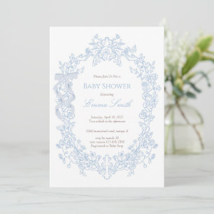 Blue Toile Coquette Bow Vintage Floral Baby Shower Invitation