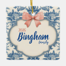 Blue Toile Coral Bow Family Christmas