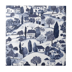 Blue Toile Countryside Scene (1) Ceramic Tile