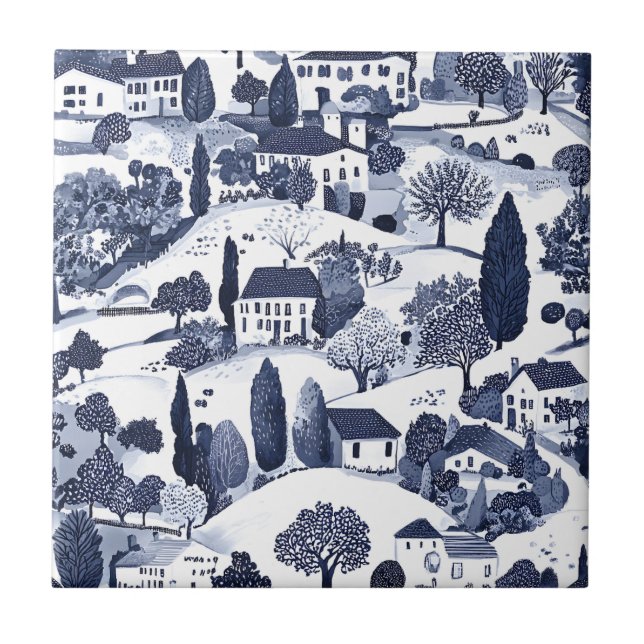 Blue Toile Countryside Scene (1) Ceramic Tile (Front)