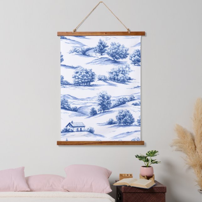 Blue Toile Countryside Scene (5) Hanging Tapestry (Bedroom)
