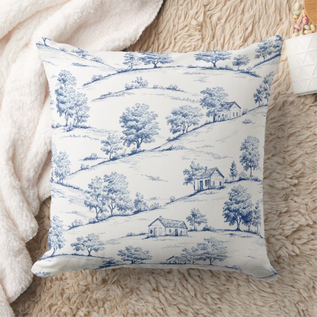 Blue Toile Countryside Scene (7) Cushion (Blanket)