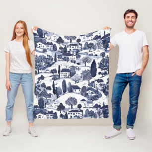Blue Toile Countryside Scene Fleece Blanket